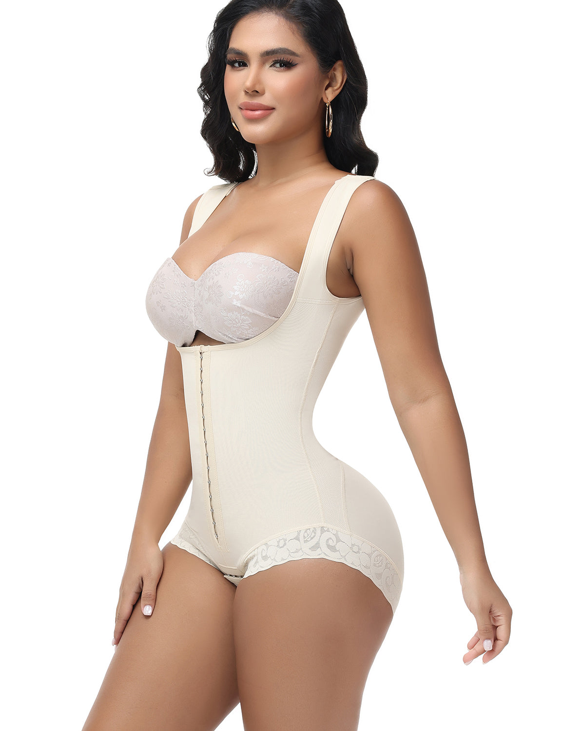 Short One-Piece Eye N Hook Shapewear With Wide Straps Tummy Control Fajas Butt-Lifting Slimming Bodysuit