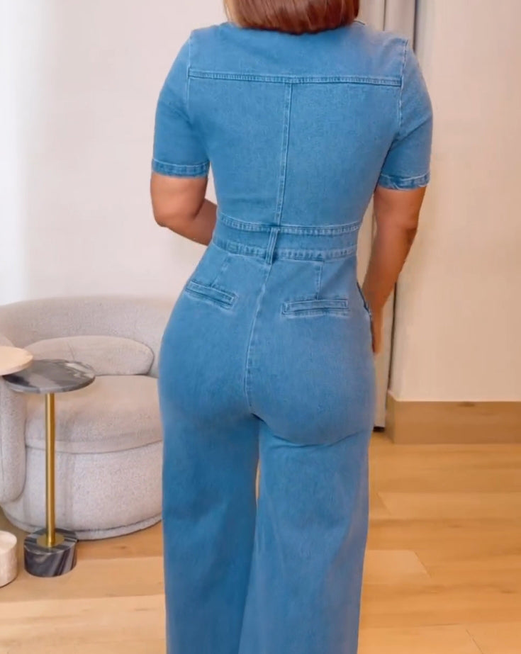 Casual Short Sleeve Loose Straight Leg Demin Jumpsuits with Pockets
