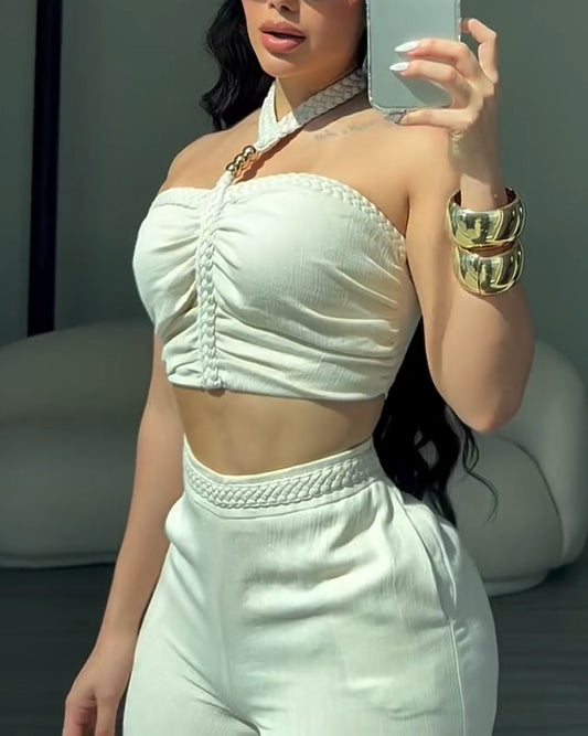 2 Piece Braided Trim Two Piece Outfit with Flared Trousers