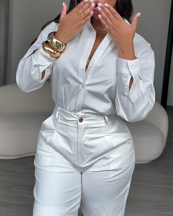 2 Piece Sets For Elegant Button-Down Shirt Paired with Tailored Bermuda Shorts