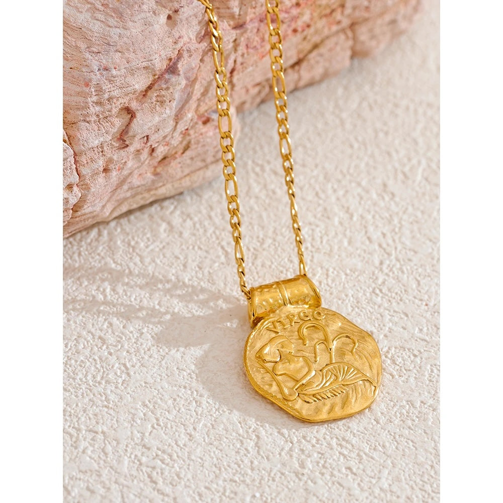 12 Constellation Sign Hammered 18K Gold Pendant Necklaces