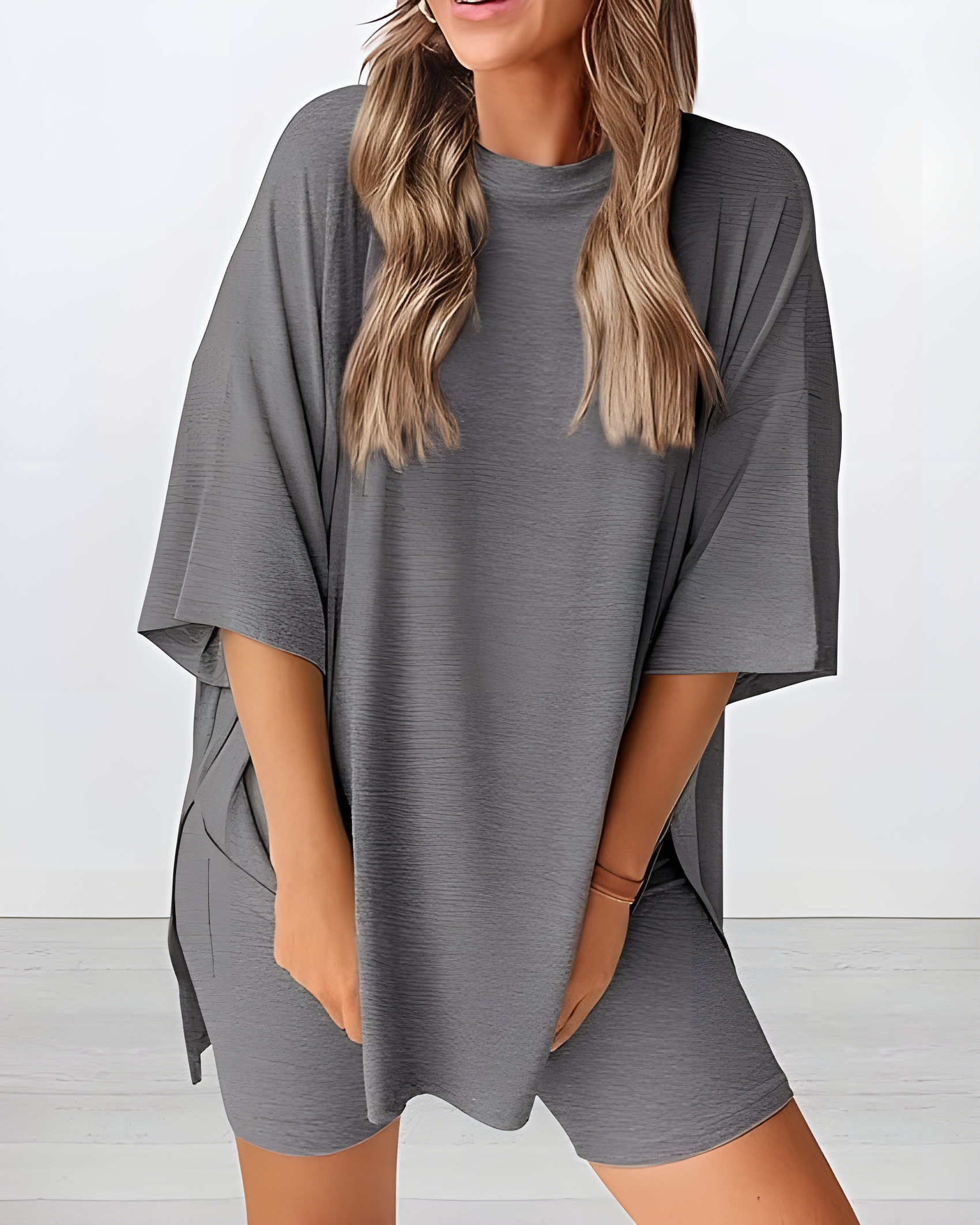 Summer Casual Two-Piece Lounge Set Oversized Split Hem Shirt