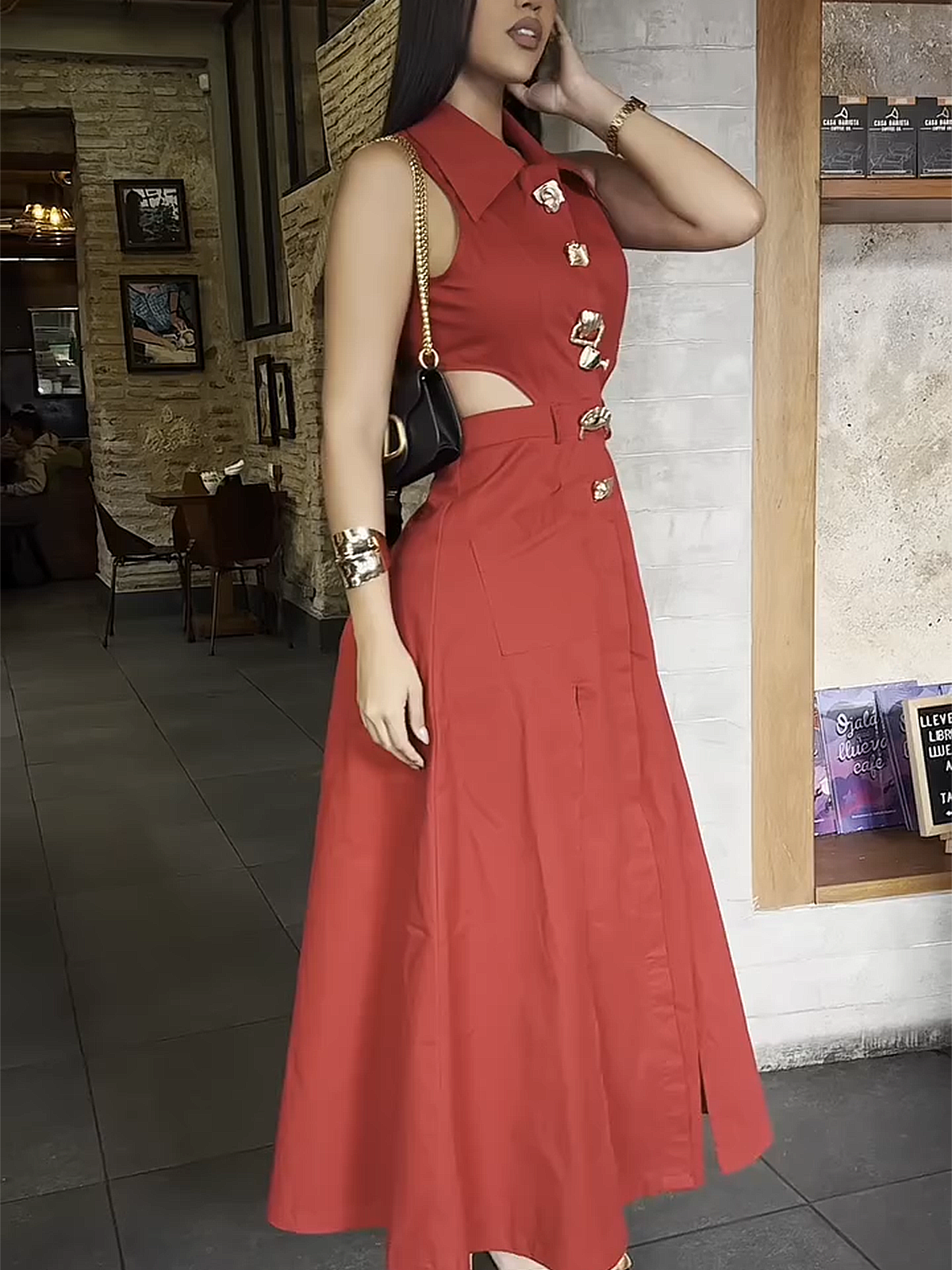V-neck Metal Button Sleeveless Long Dress