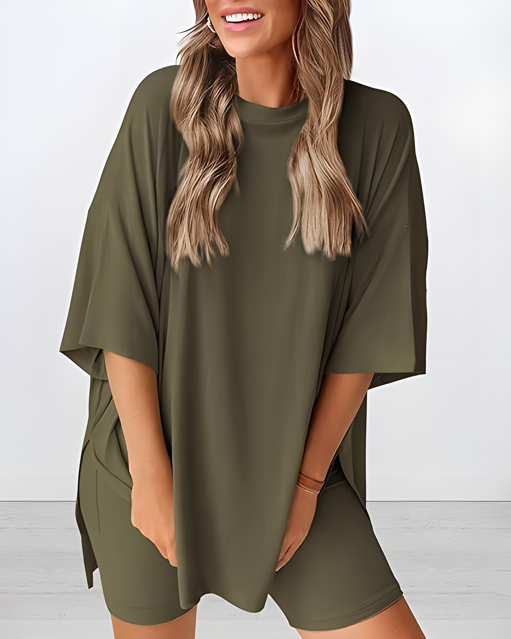 Summer Casual Two-Piece Lounge Set Oversized Split Hem Shirt