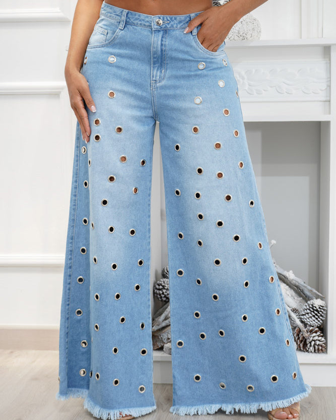 High Waist Palazzo Eyelet Wide-leg Jeans