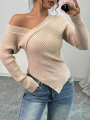 Off The Shoulder Soft Stretch Wrap Around Asymmetrical Ribbed Sweater