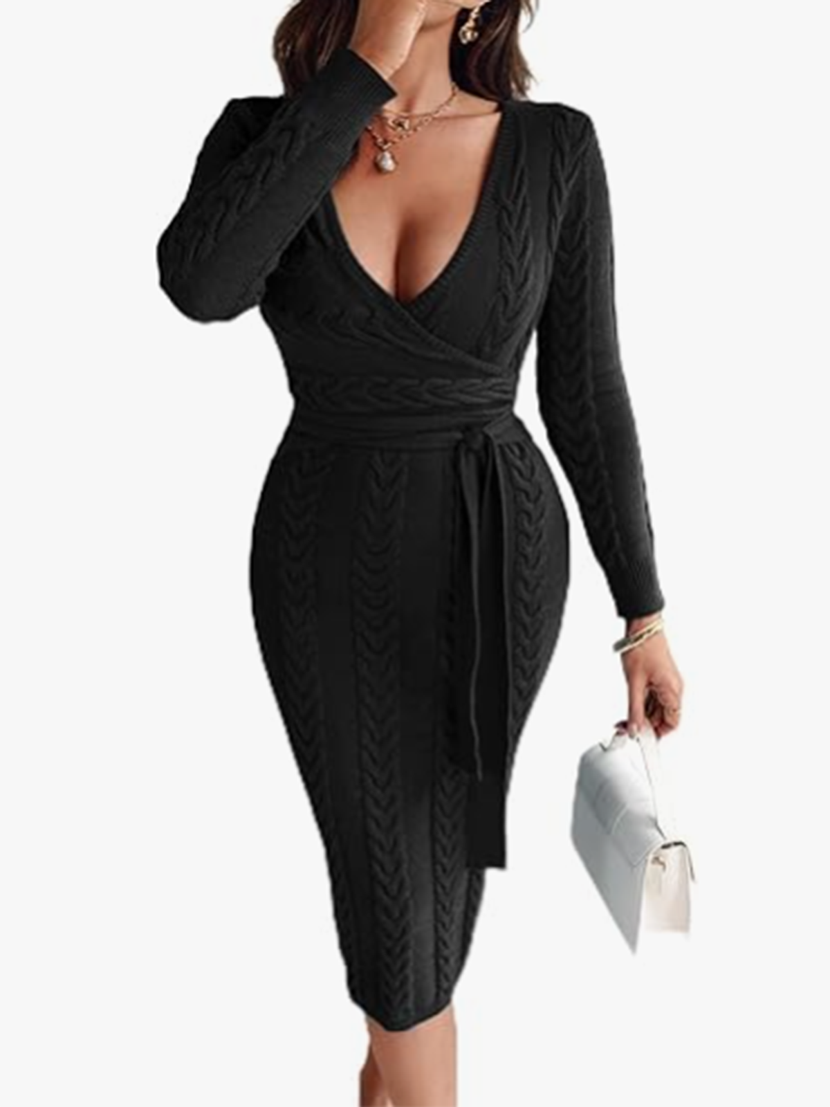 Deep V Neck Textured Long Sleeved Midi Length Knitted Dress With A Fitted Waist
