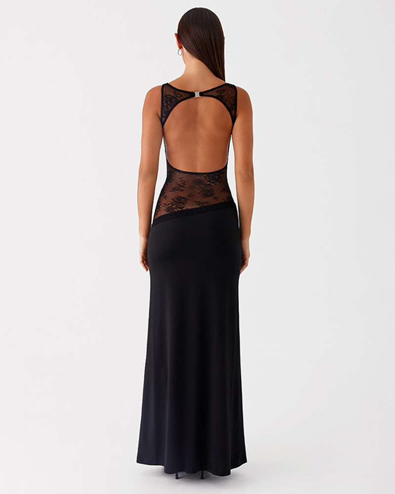Slim Lace Satin Patchwork Backless Maxi Dress