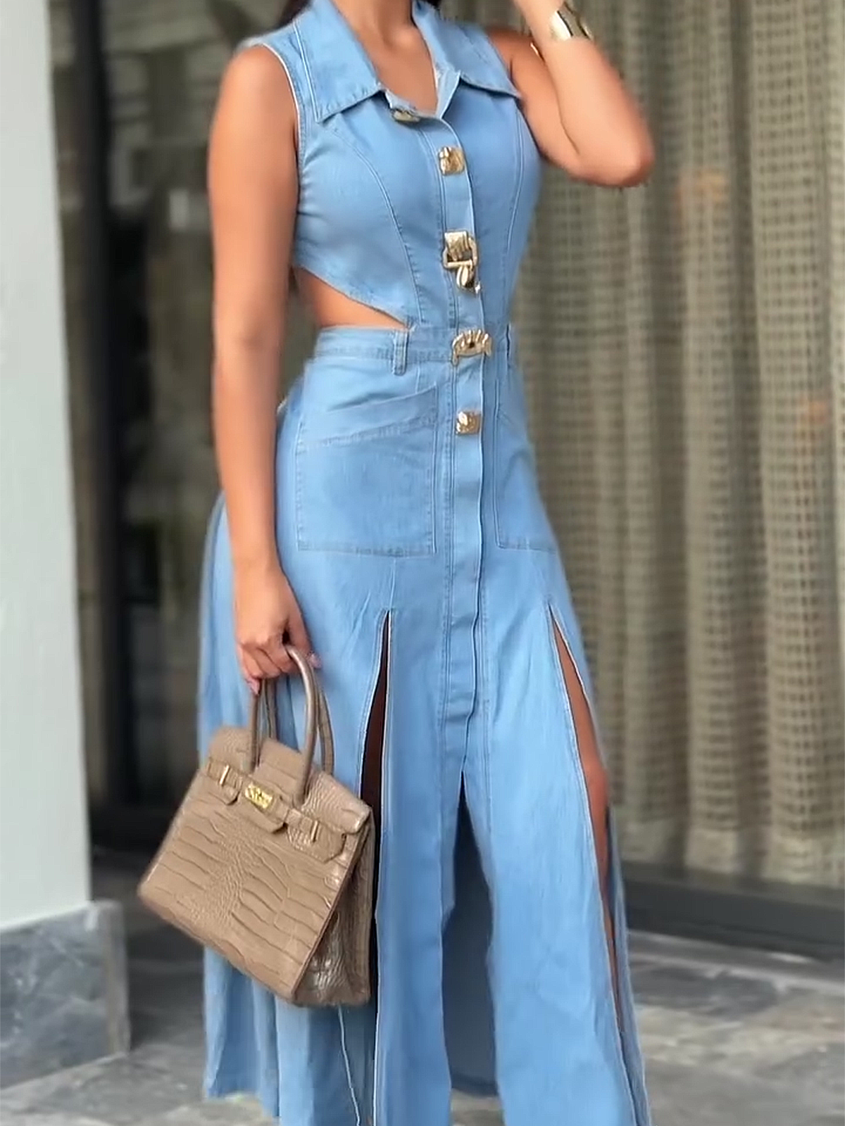 V-neck Metal Button Sleeveless Long Dress