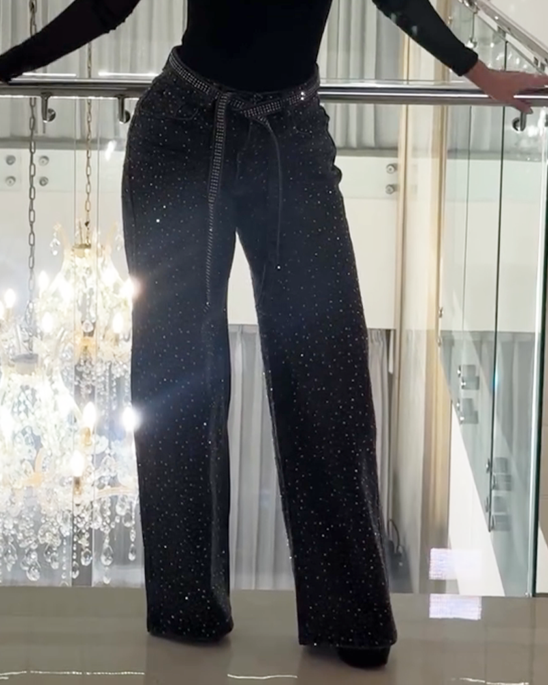 New Diamond-Studded Straight-Leg Jeans