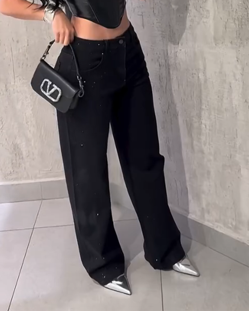 Diamond-Studded Straight-Leg Jeans Denim
