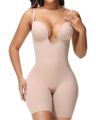 Strapless Deep U-Neck Bodysuit With Tummy Control And Built-In Bra Low Back Shapewear