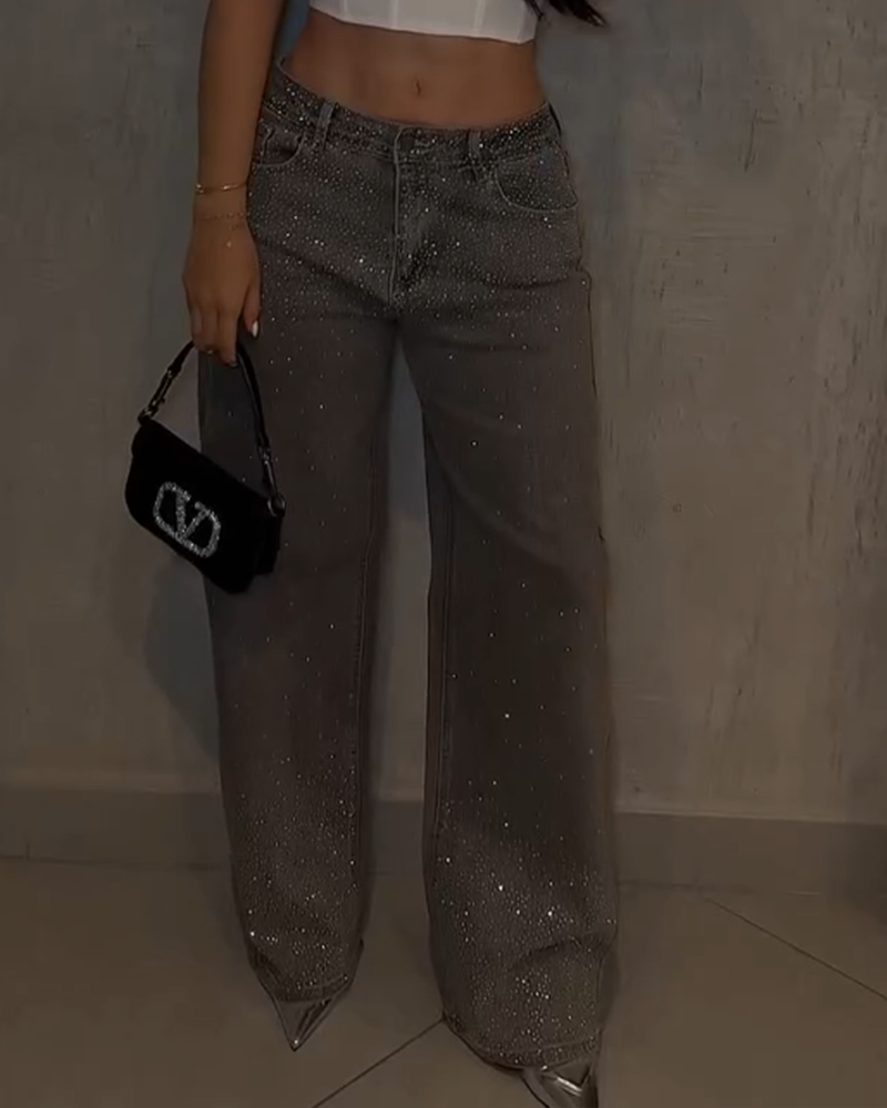 Diamond-Studded Straight-Leg Jeans Denim