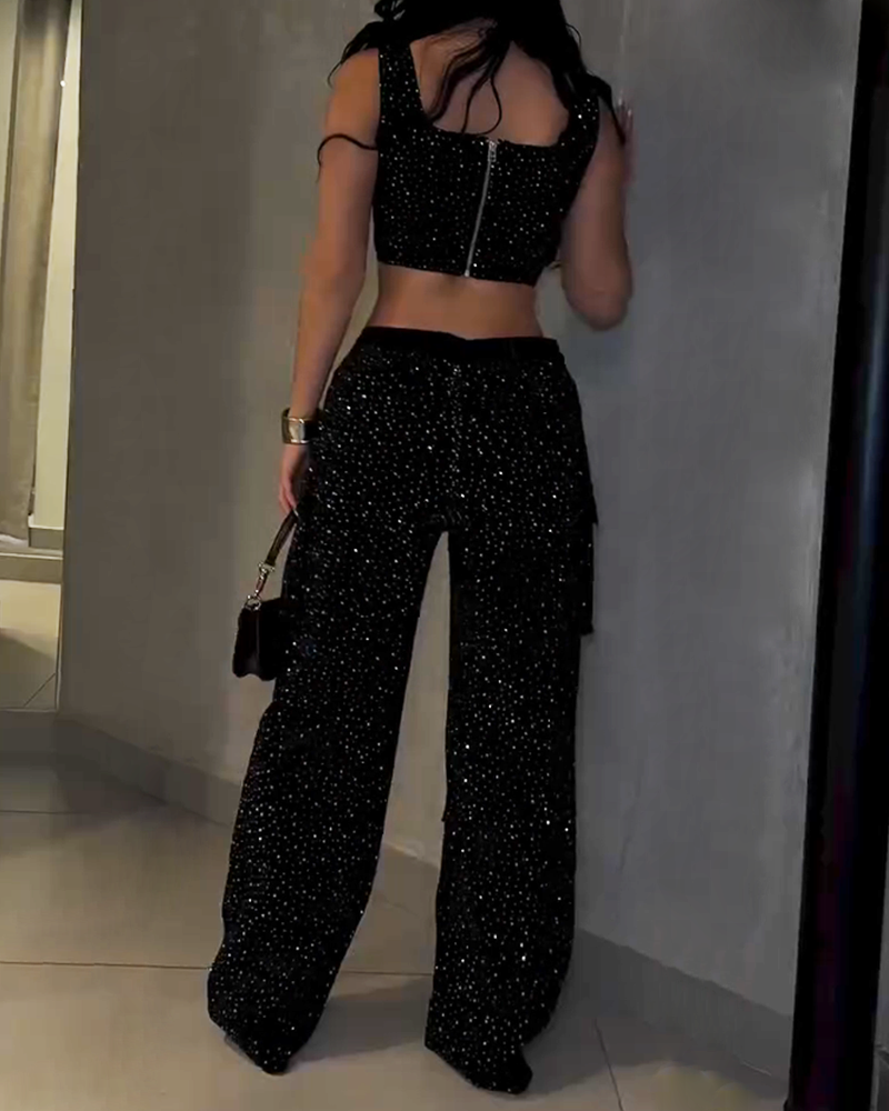 Rhinestone Suspender Overalls Pants Set