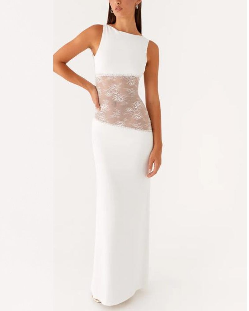 Slim Lace Satin Patchwork Backless Maxi Dress