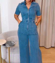 Casual Short Sleeve Loose Straight Leg Demin Jumpsuits with Pockets